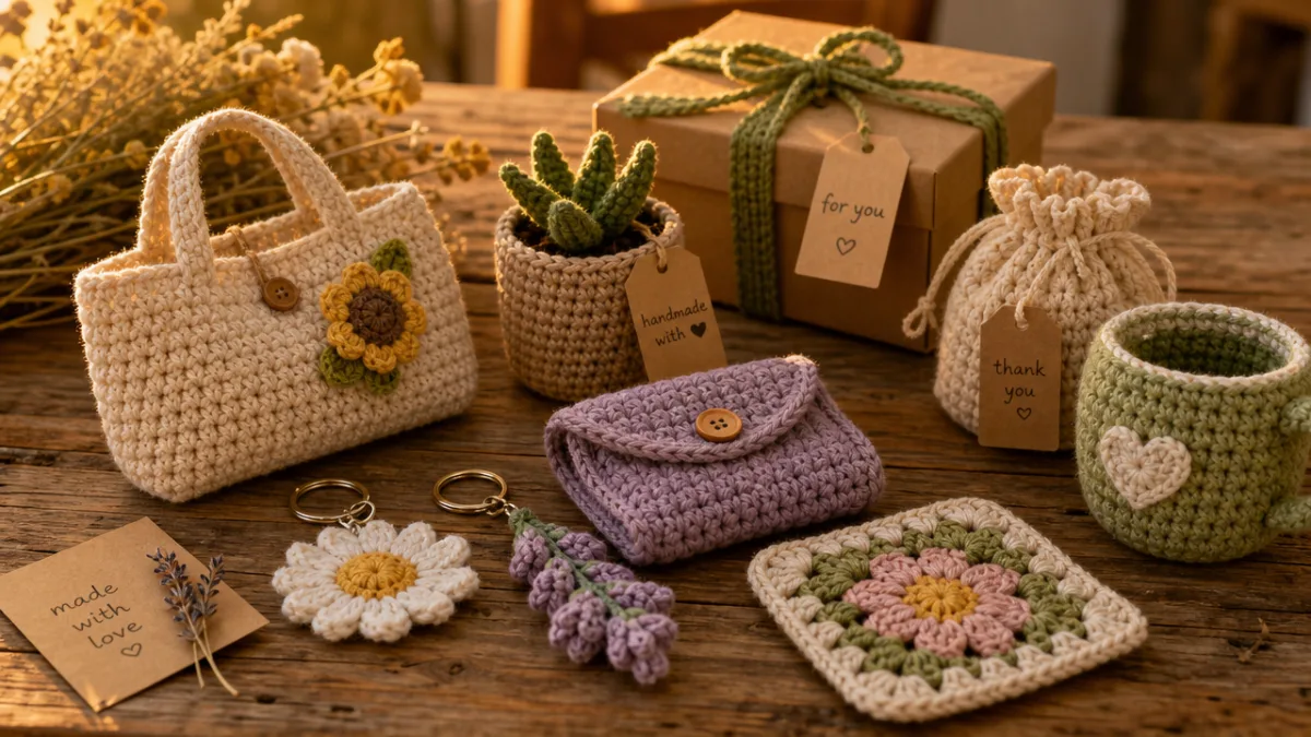 a collection of small handmade crochet items arranged as gifts on a…