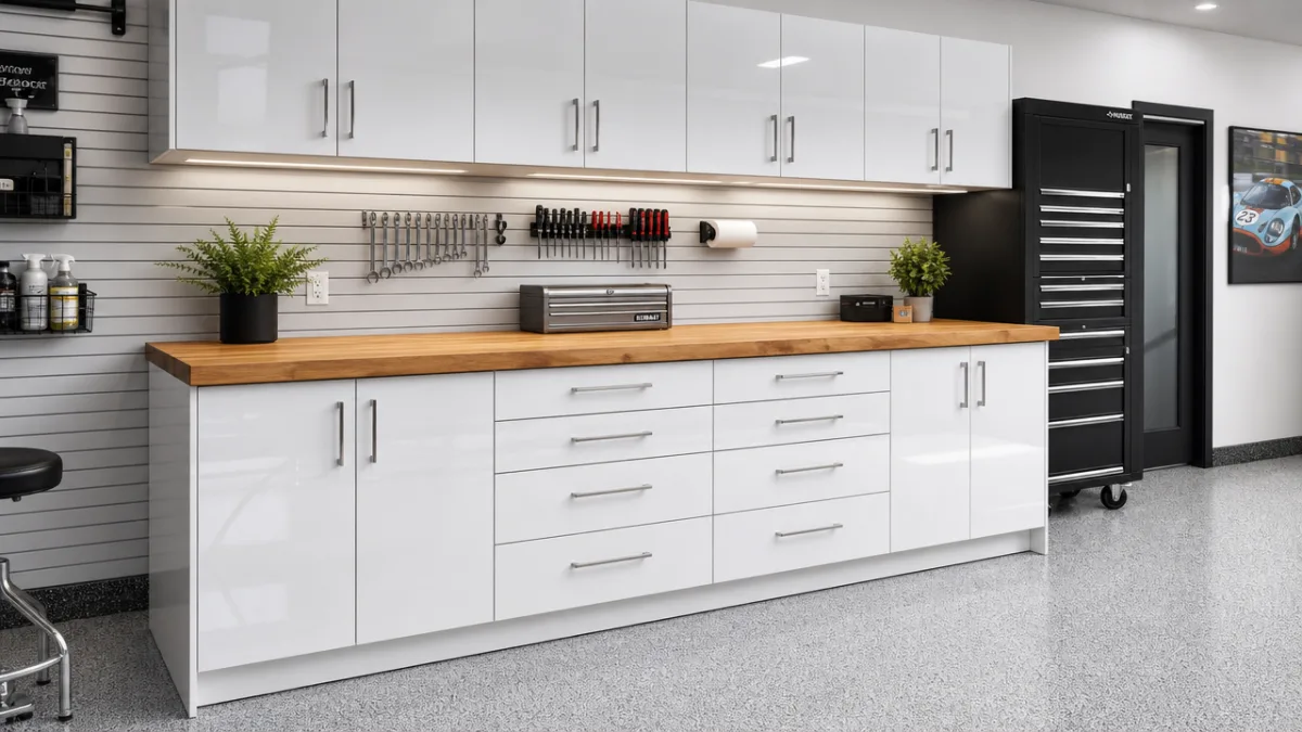 a gloss white workbench cabinet with solid wood top in a clean,…