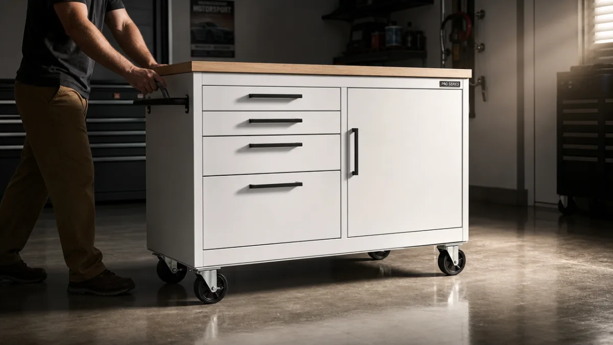 a mobile workbench cabinet being rolled across a polished concrete garage floor,…
