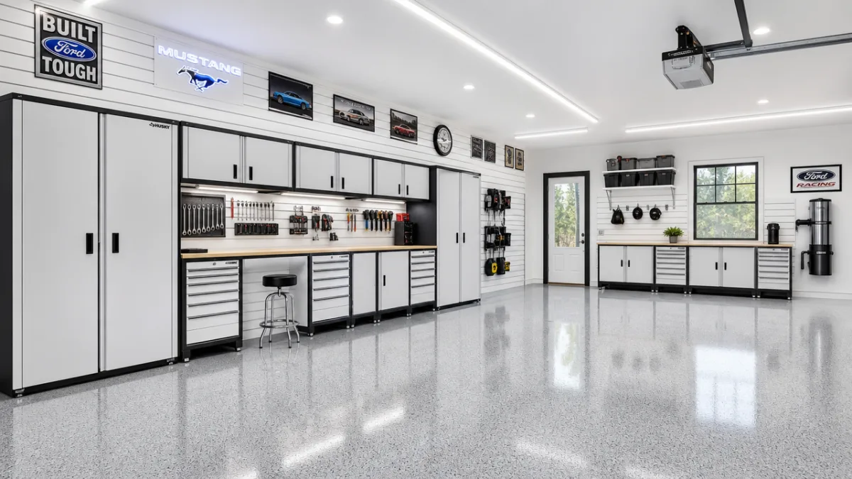 a neatly organized white garage with matching tool cabinets and workbenches, bright…
