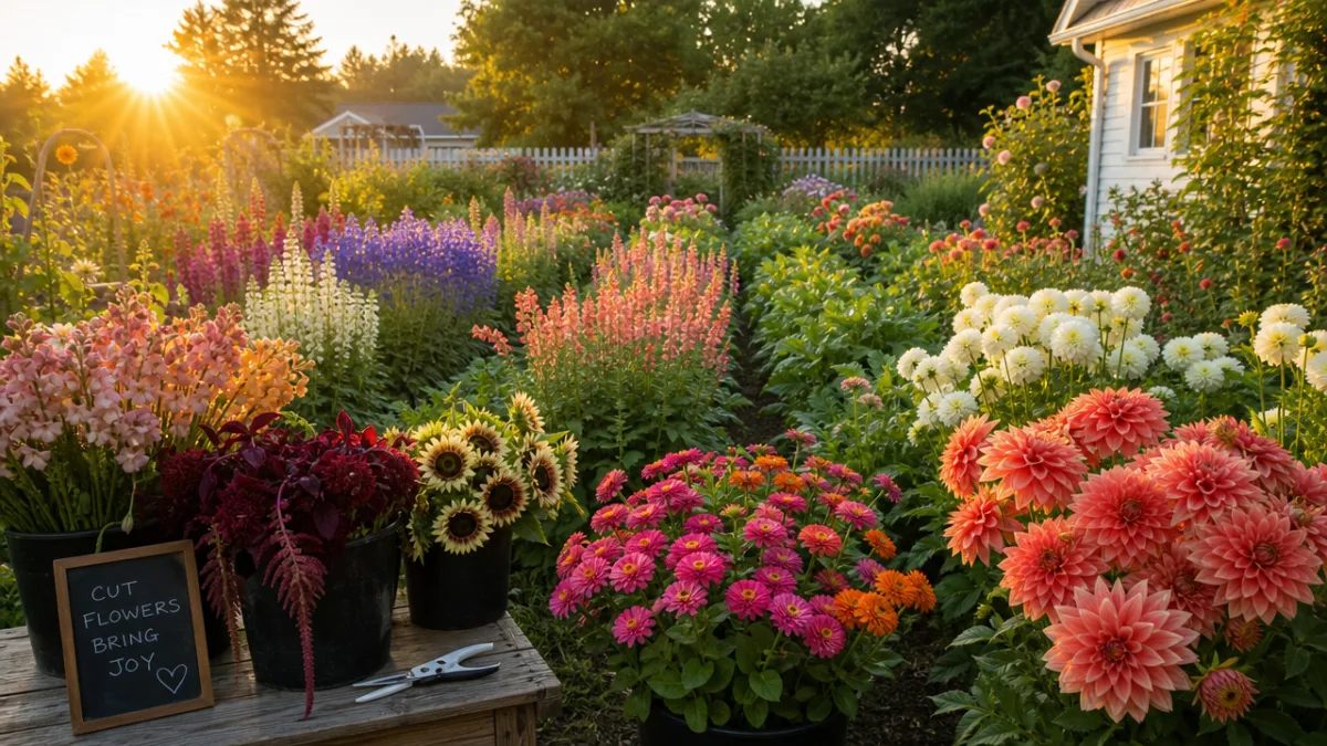 a lush backyard cut flower garden bed in morning golden light showing…