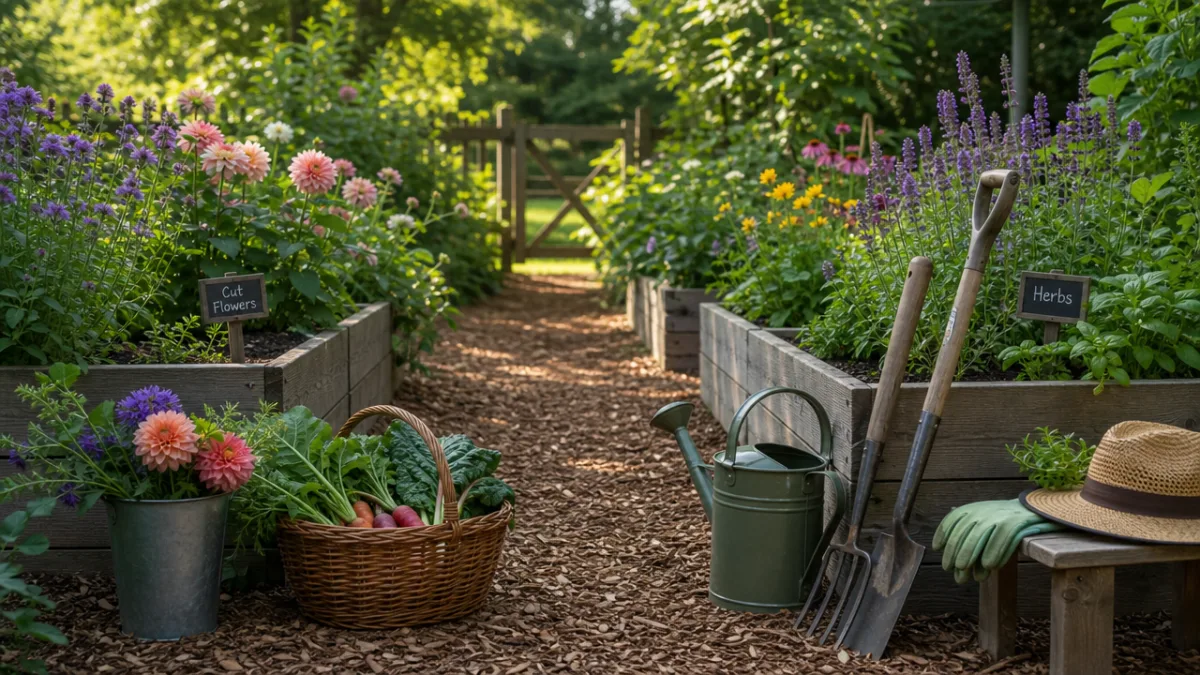 a tidy garden path of wood chips between raised flower beds in…