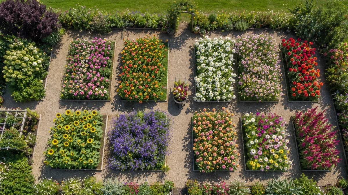 an overhead aerial view of a neatly arranged cut flower garden with…