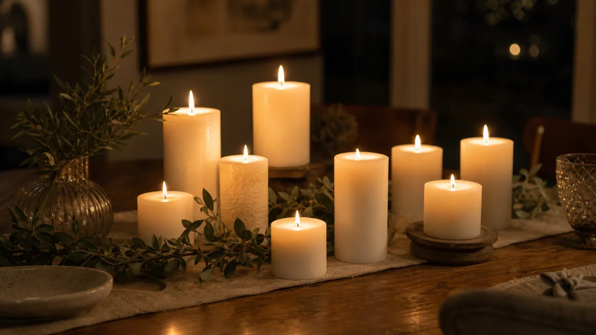 a warm wooden table styled with white and ivory pillar candles of…