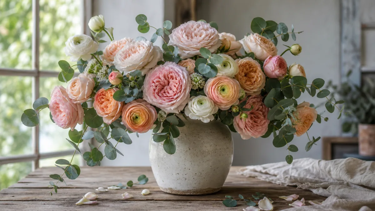 a ceramic vase overflowing with garden roses, eucalyptus, and ranunculus on a…
