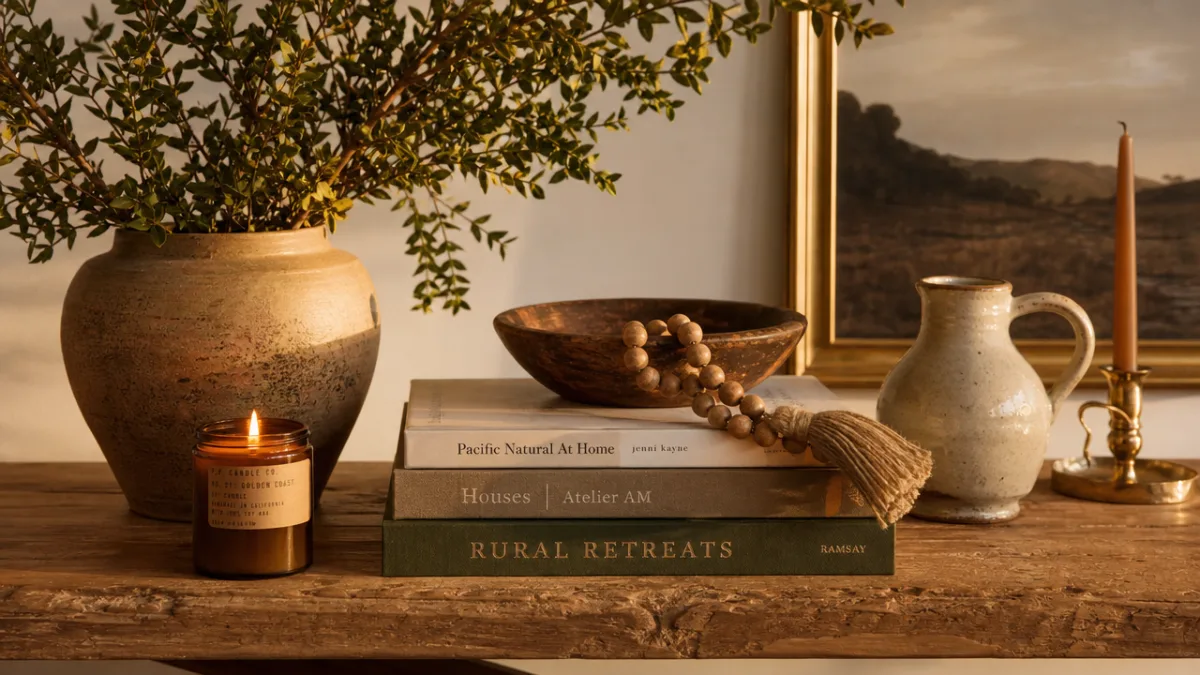 a styled wooden table vignette with layered textures, books, ceramics, candles and…