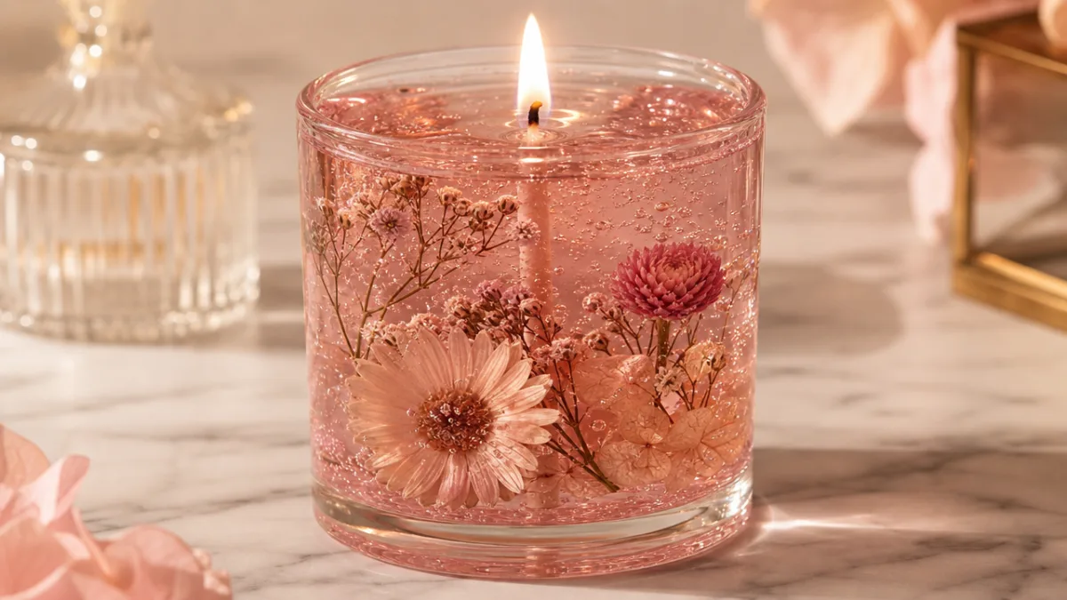 a close-up of a clear pink gel candle with suspended dried flowers,…