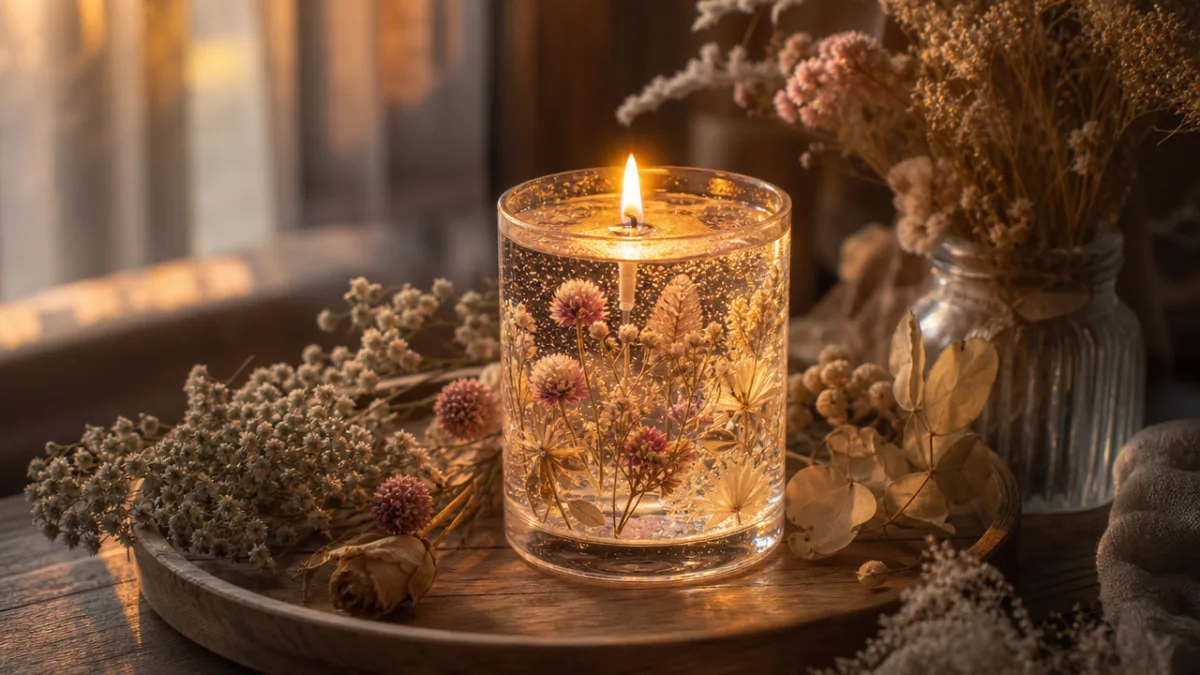 a lit botanical gel candle glowing warmly on a wooden tray surrounded…