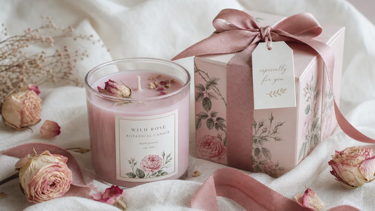 an elegantly gift-boxed pink botanical candle on a white linen surface with…