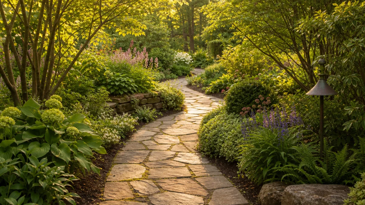 a winding flagstone garden path through lush green planting beds, soft golden…