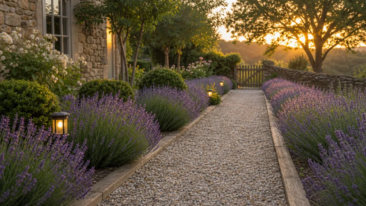 a neat gravel garden path with wooden edging bordered by lavender plants,…