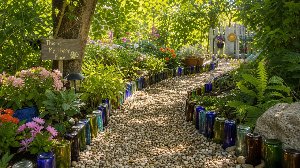 a creative DIY garden path with colorful glass bottle edging and gravel…