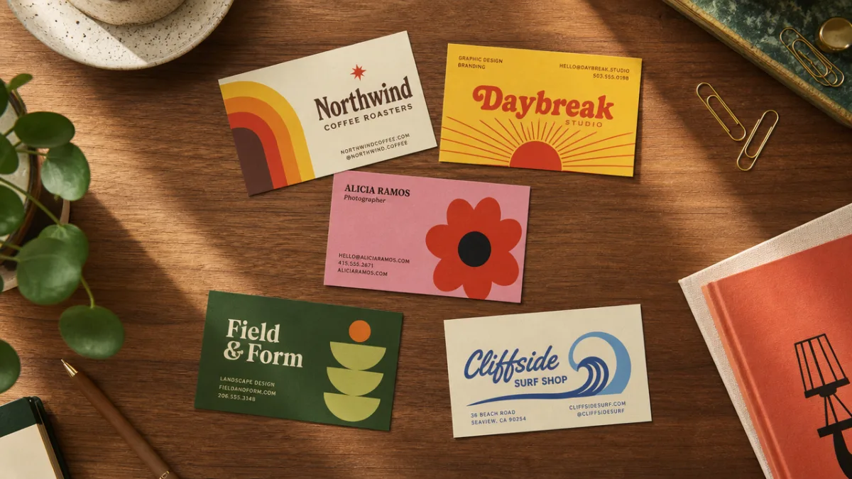 a flat lay of colorful retro business cards on a warm wooden…