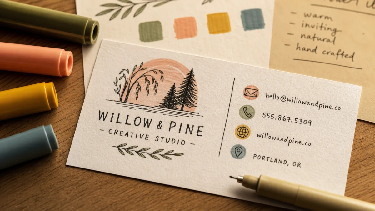 close-up of hand-drawn business card design details with colorful markers nearby, warm…