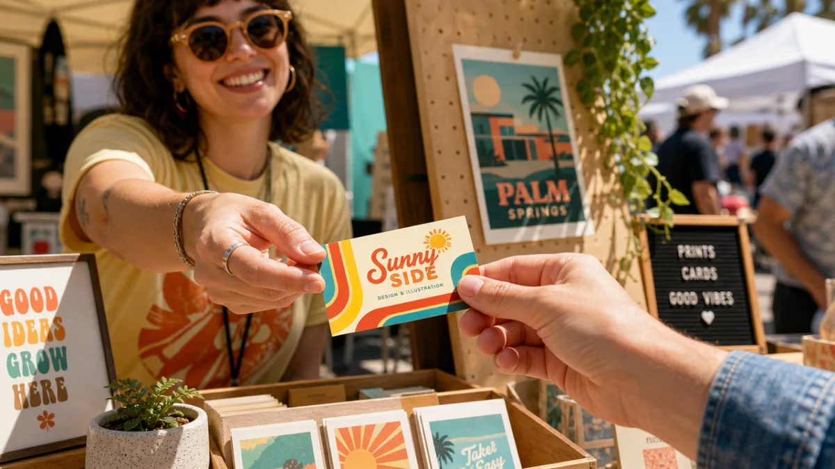 person handing a vibrant retro business card to another person at a…