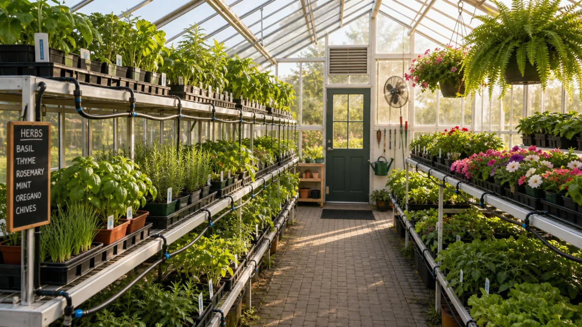 a well-organised greenhouse interior with drip irrigation tubing running along shelving, soft…