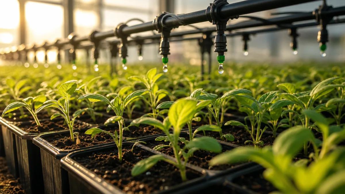 close-up of green seedlings in trays inside a greenhouse with drip emitters,…