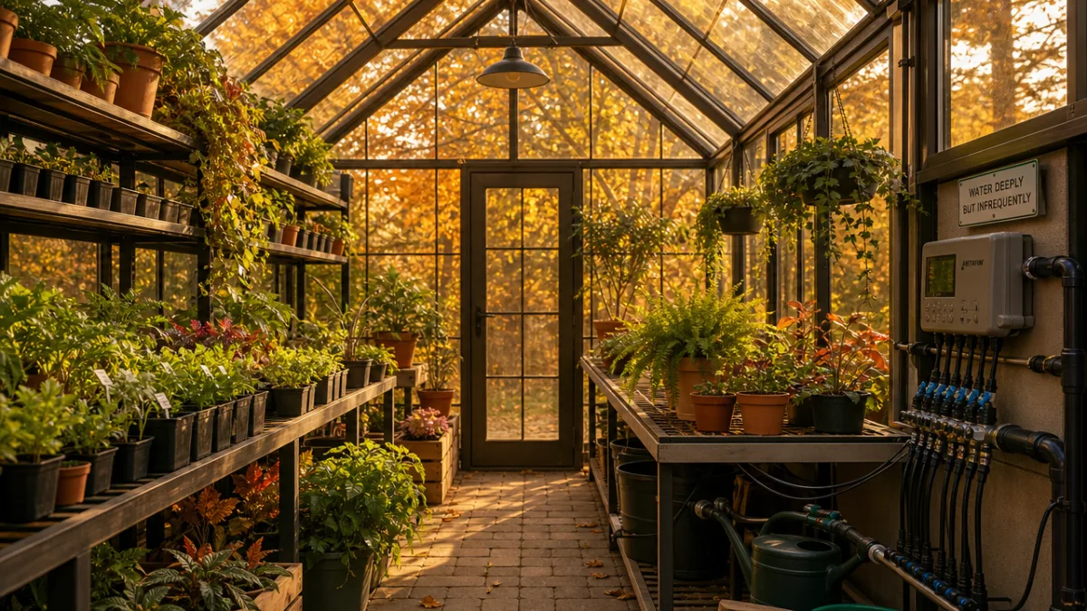 a greenhouse in autumn light with organised plant shelves and irrigation system…