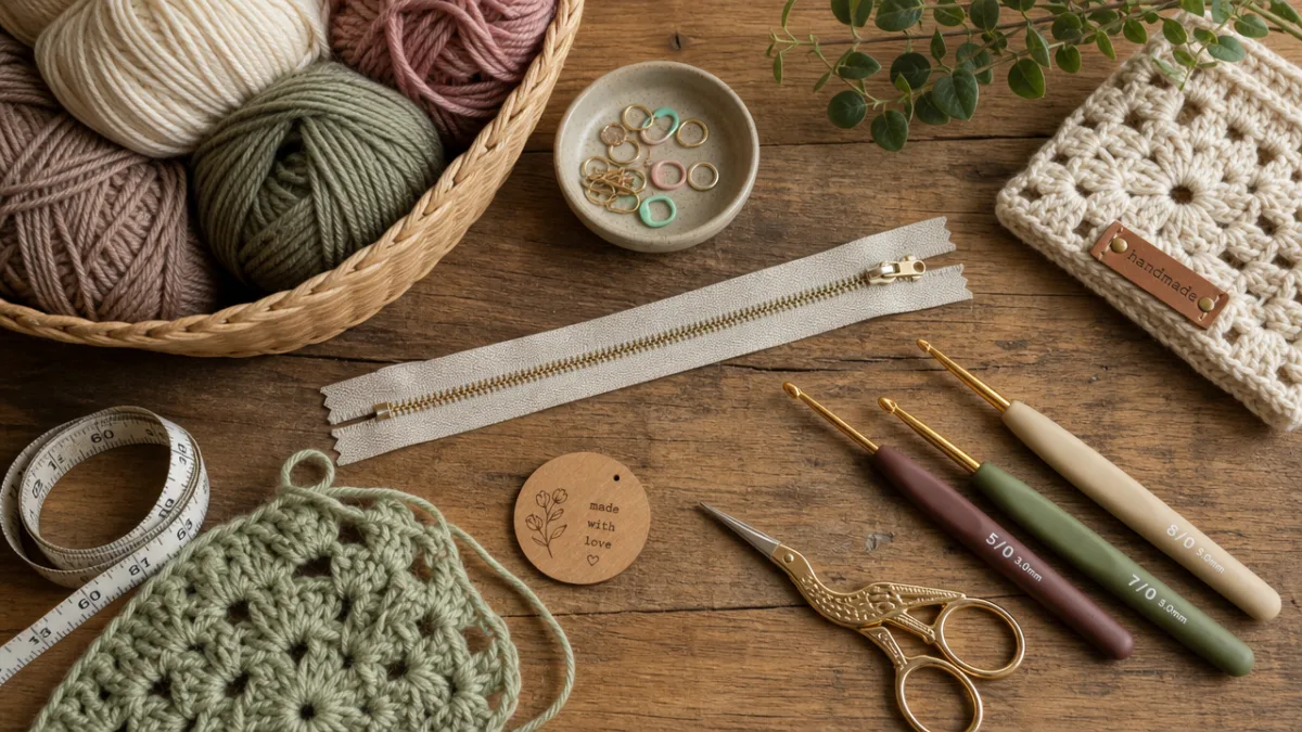 a flat lay of crochet supplies including yarn, zipper, and hooks on…