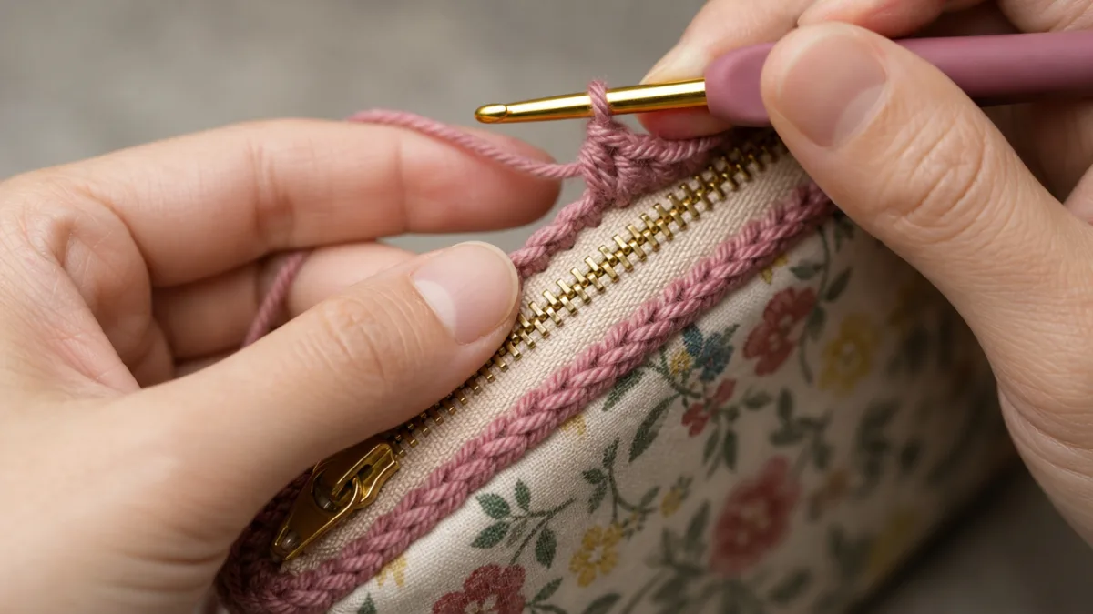close-up of hands crocheting around a zipper on a small fabric pouch,…
