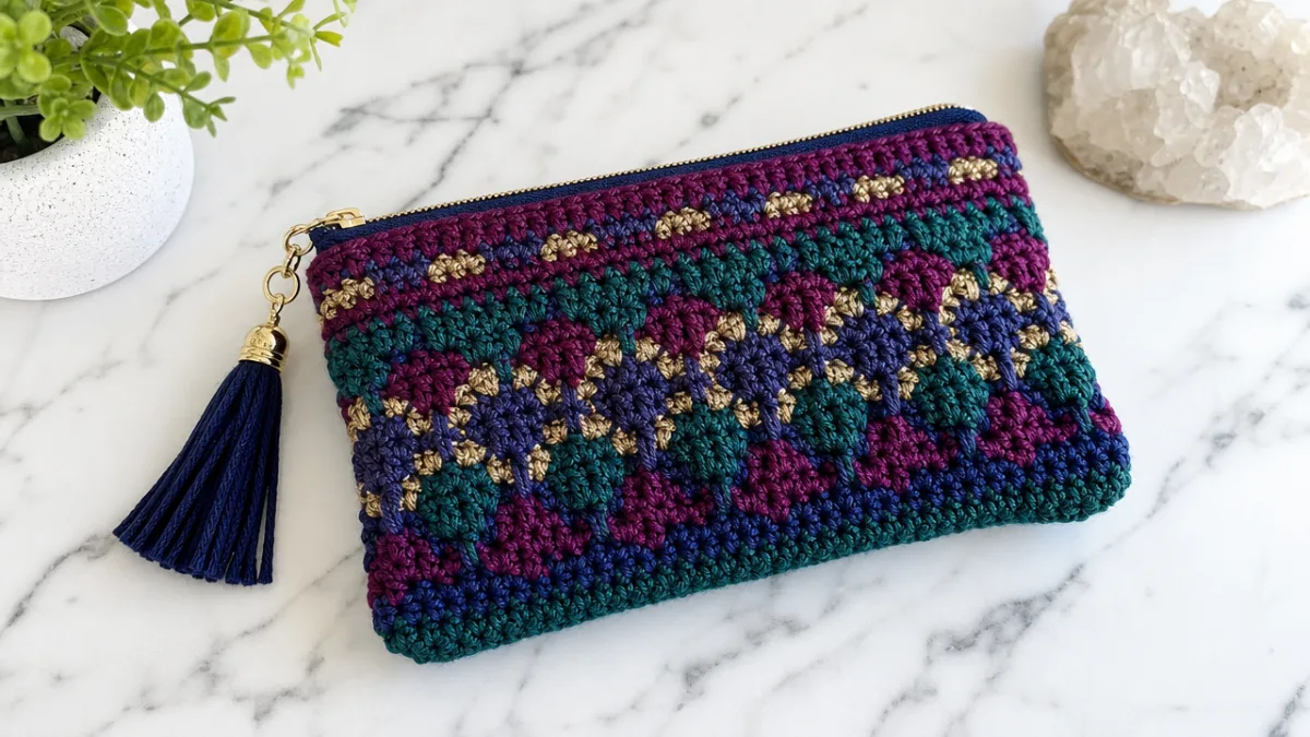 a finished crocheted zippered pouch in rich jewel tones displayed on a…