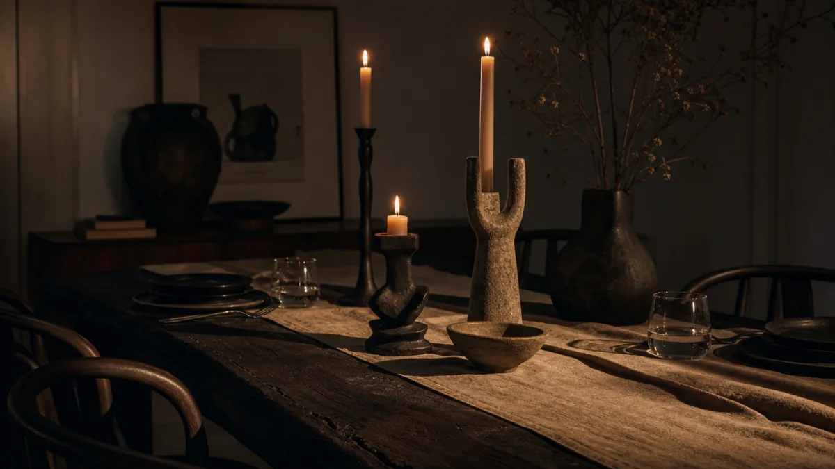 a moody dining table styled with sculptural candle holders, low candlelight casting…