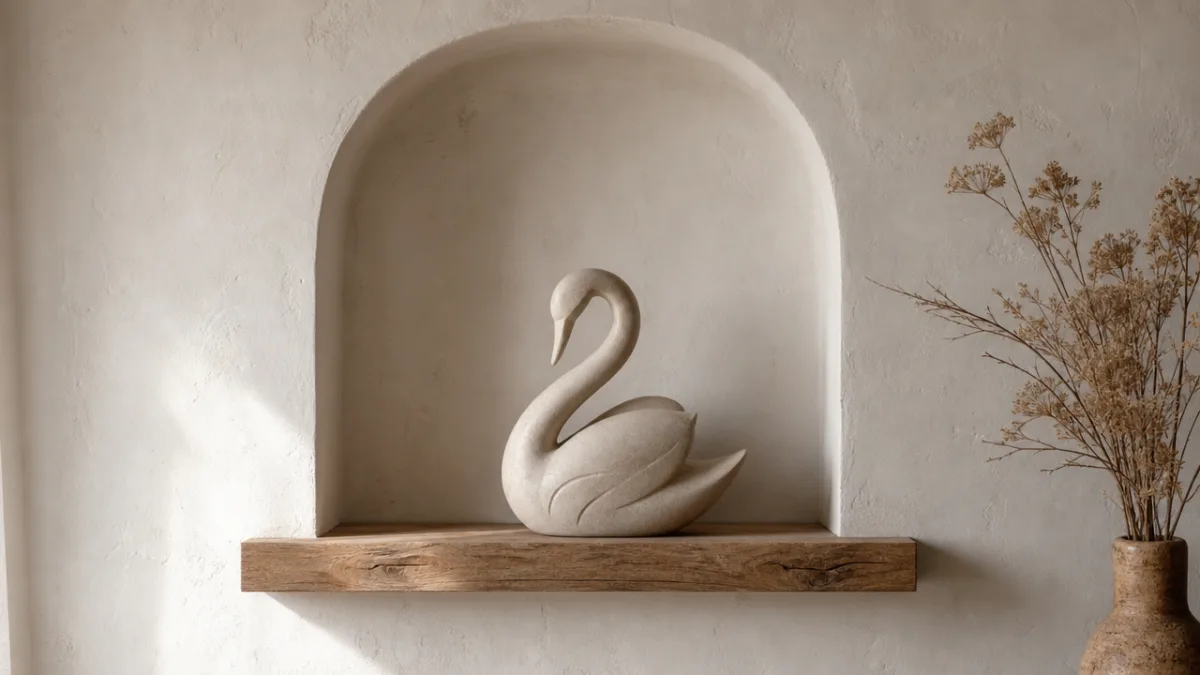 a styled minimalist shelf with a single elegant swan-shaped sculpture, soft ambient…