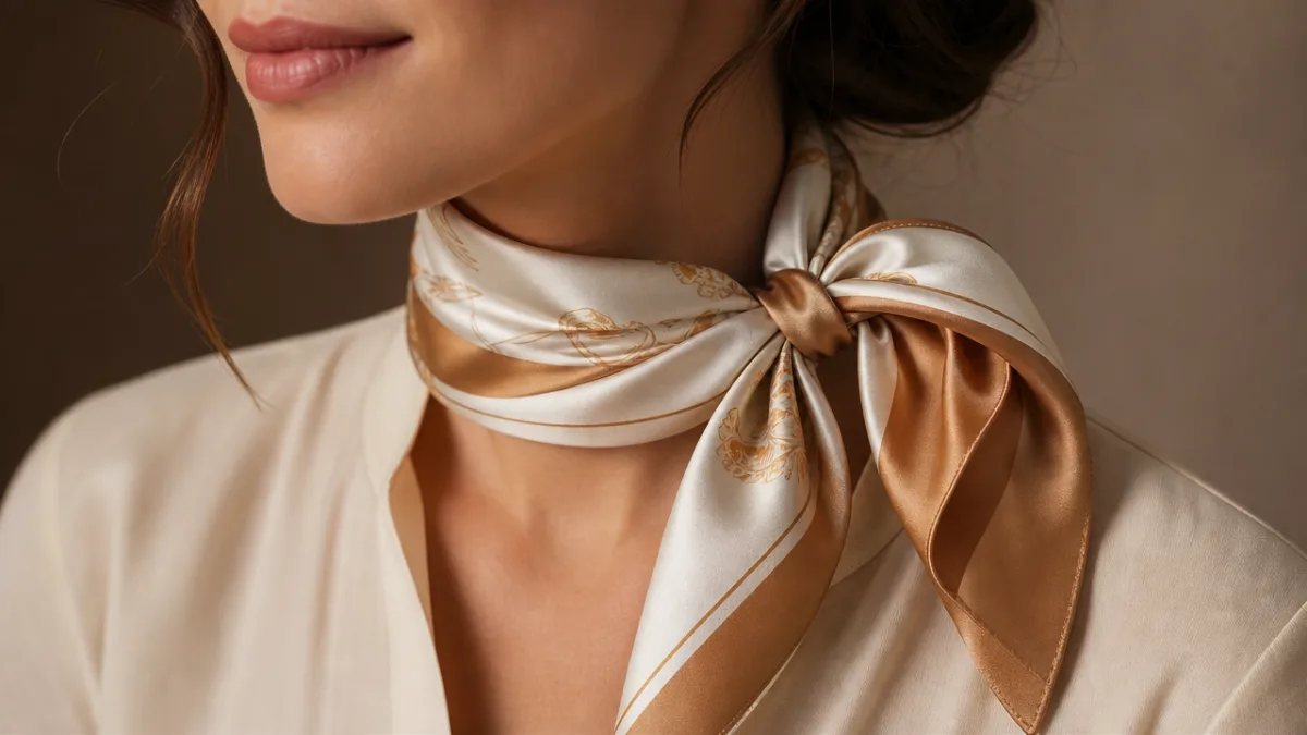 a close-up of an elegantly tied silk scarf on a woman's neck,…