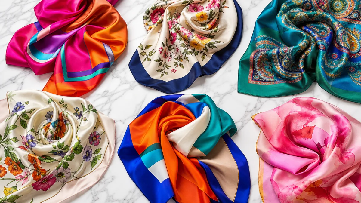a flatlay of colorful silk scarves arranged on white marble surface, bright…