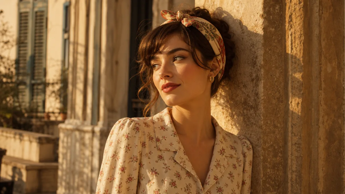 a woman wearing a vintage-style outfit with a patterned scarf tied as…