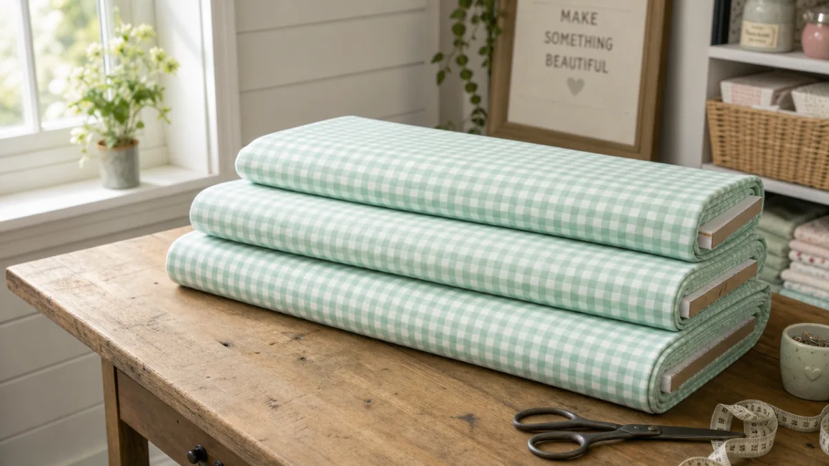 bolts of mint gingham fabric displayed on a wooden craft table, soft…