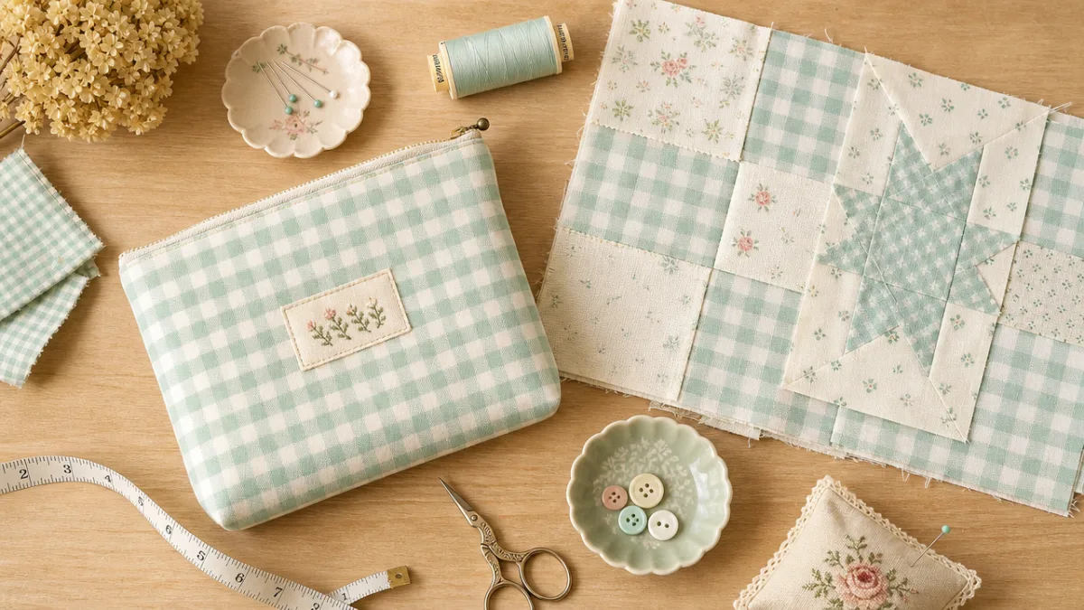 a flat lay of mint gingham sewing projects including a pouch and…