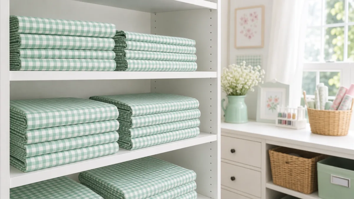 neatly folded mint gingham fabric stacked on white shelves in a bright…
