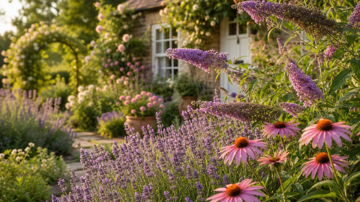a sun-drenched cottage garden bursting with lavender, echinacea, and buddleja, golden afternoon…