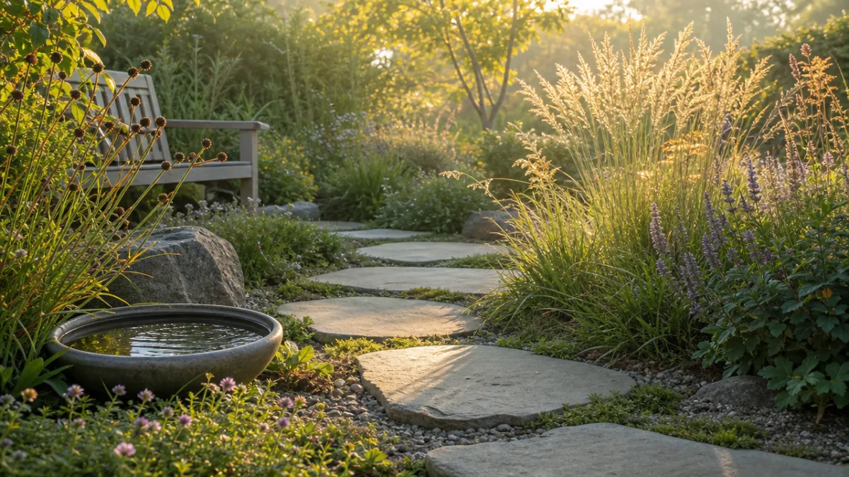 a peaceful garden with flat stepping stones, a shallow water dish, and…
