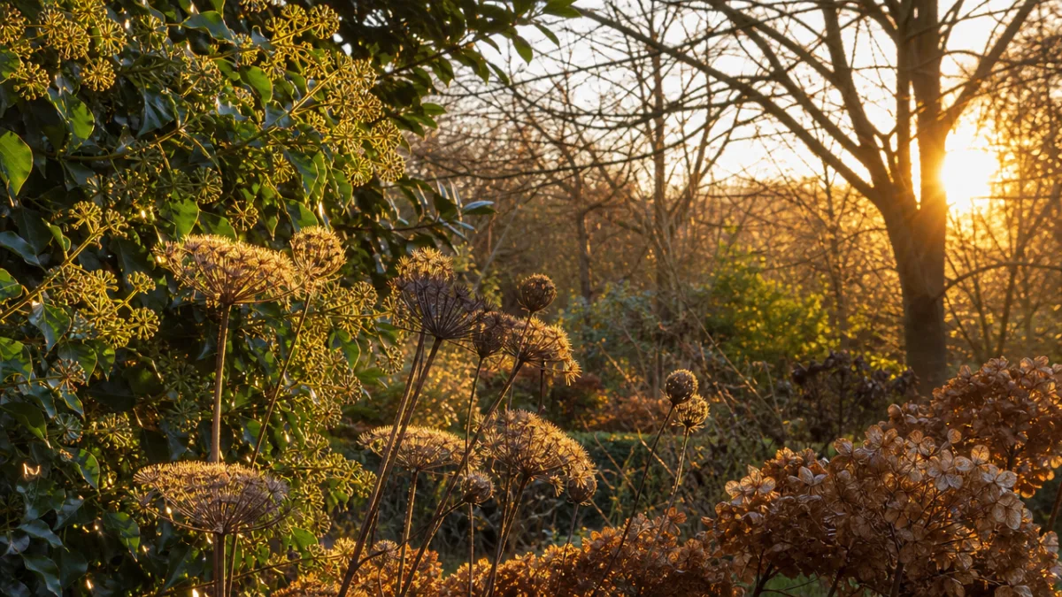 a late autumn garden with standing seed heads, ivy flowers, and golden…