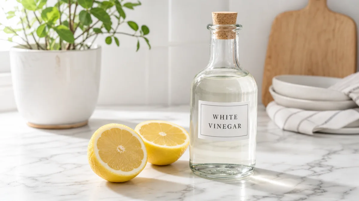 fresh lemon halves and a glass bottle of white vinegar on a…