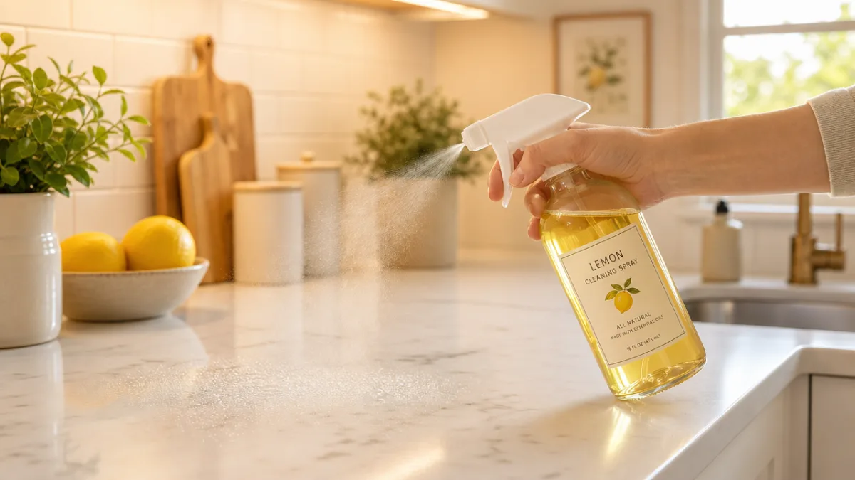 a clean bright kitchen countertop being sprayed with a glass bottle of…
