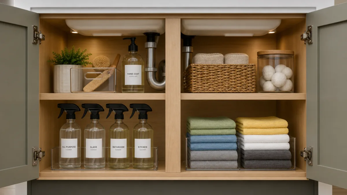 an organized under-sink cabinet with glass spray bottles and folded microfiber cloths,…