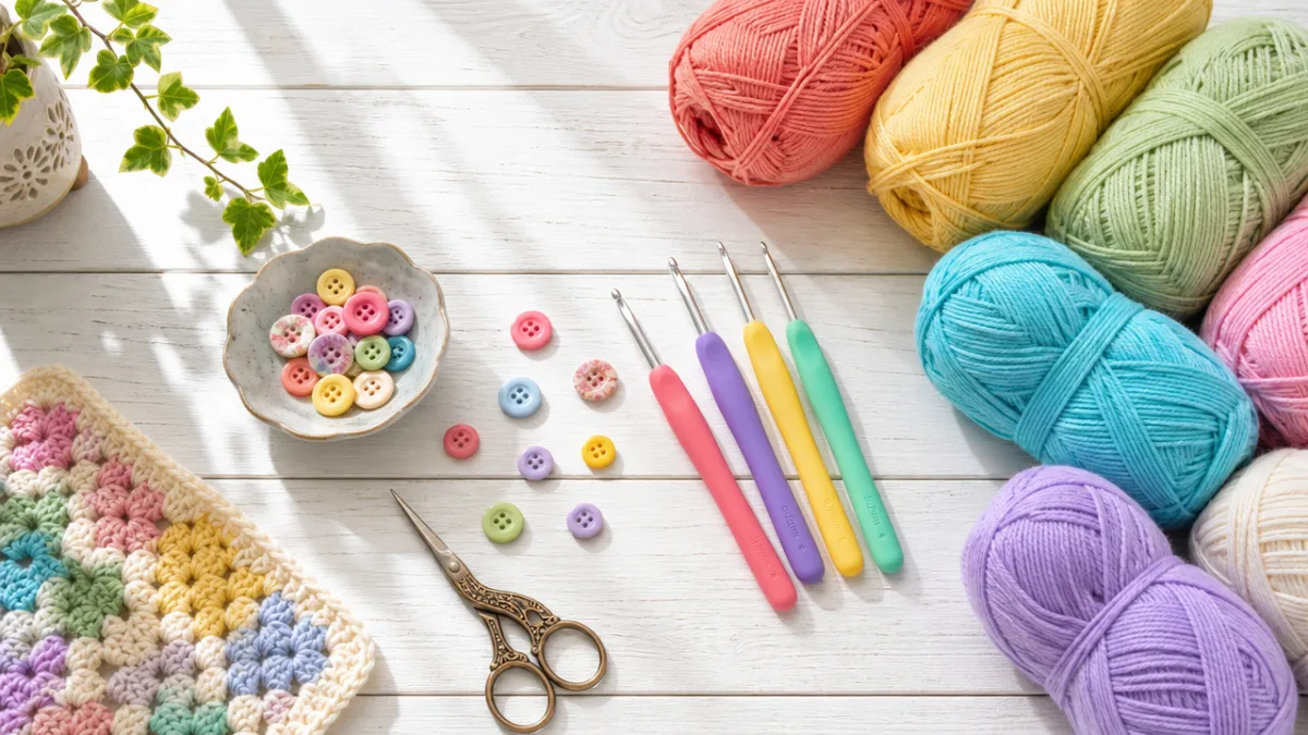 a flat lay of colorful cotton yarn skeins, crochet hooks, small buttons,…