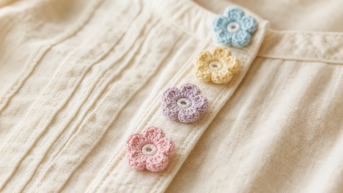 close-up of small handmade crochet flower buttons in pastel colors arranged on…