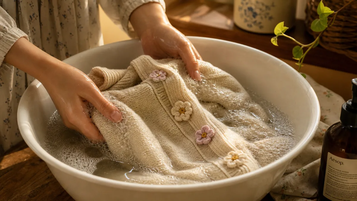 a person's hands gently hand washing a soft knit cardigan with crochet…