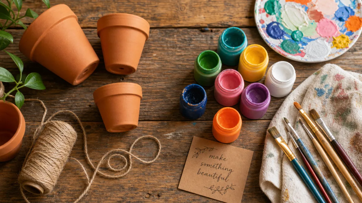 a flat lay of terracotta pots, twine, colorful acrylic paints, and brushes…