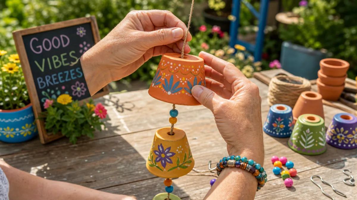 hands assembling a colorful terracotta pot wind chime on a sunny outdoor…
