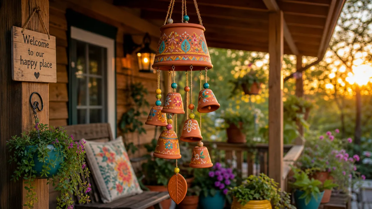 a colorful terracotta pot wind chime hanging on a cozy wooden porch…