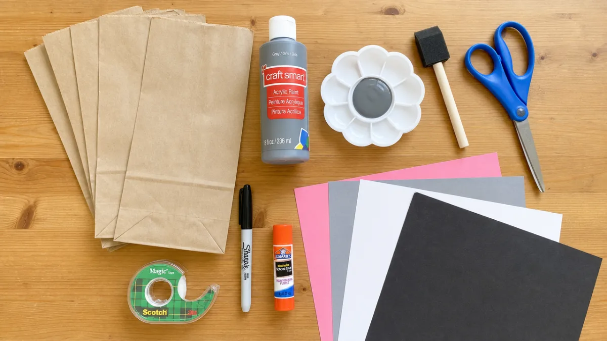 a well-lit flat lay of craft supplies including paper bags, gray paint,…