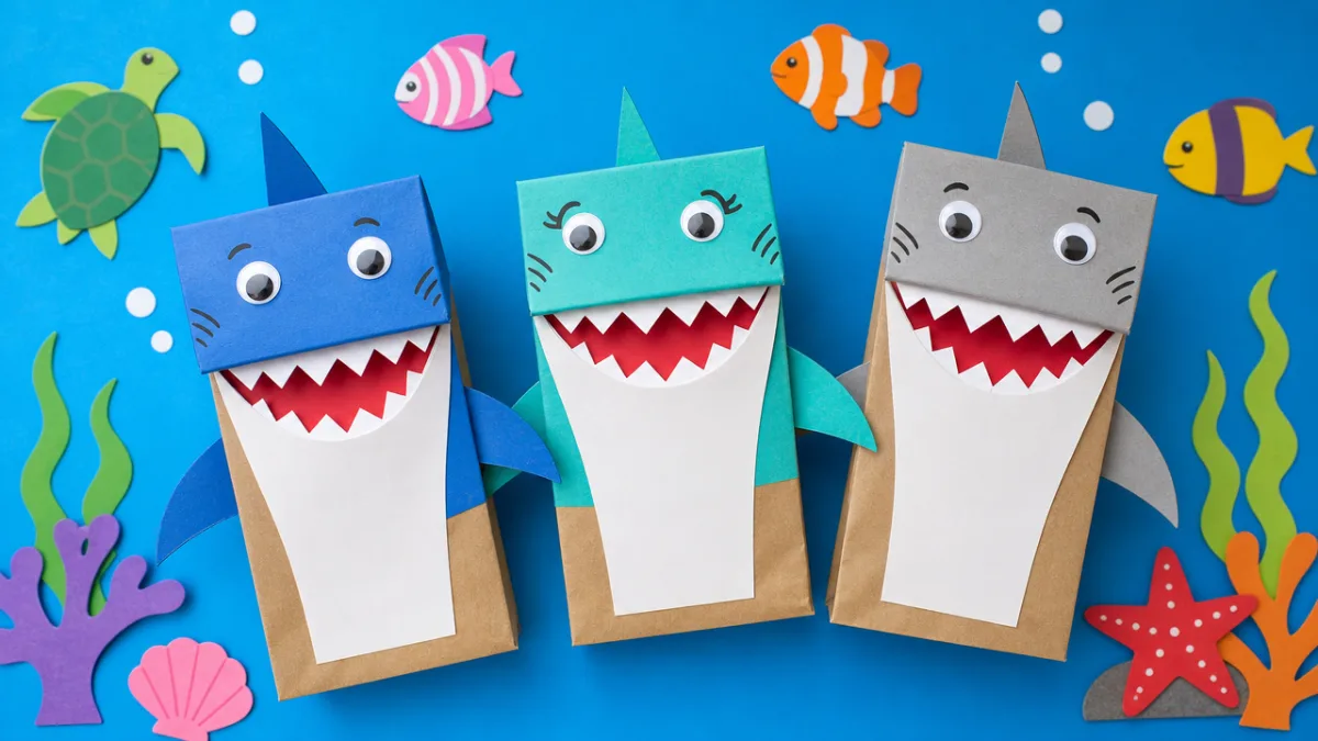 colorful completed paper bag shark puppets displayed on a bright blue background…