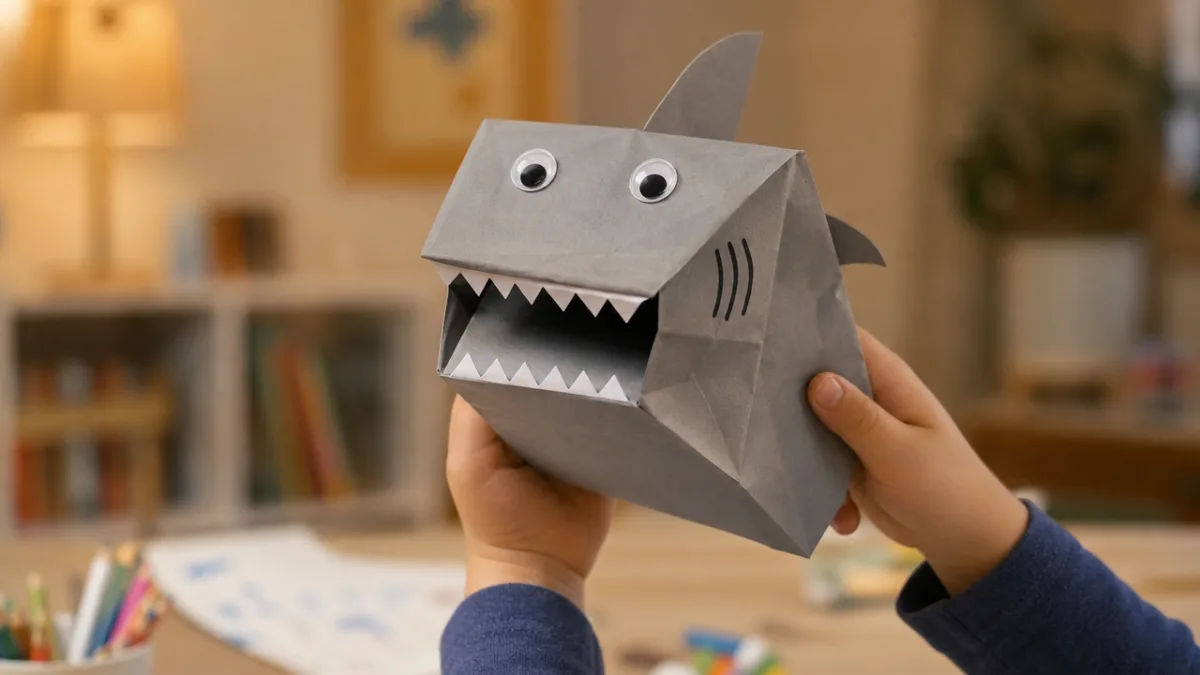 a child's hands happily holding a finished gray paper bag shark puppet,…