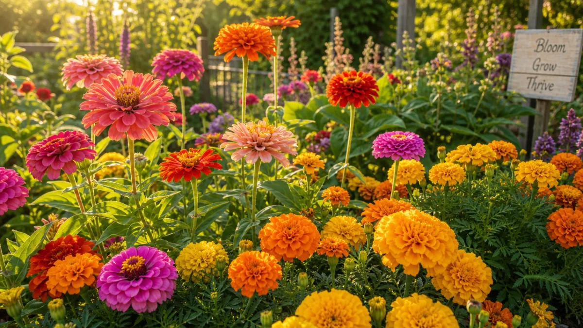 a vibrant summer garden bed overflowing with zinnias and marigolds in golden…