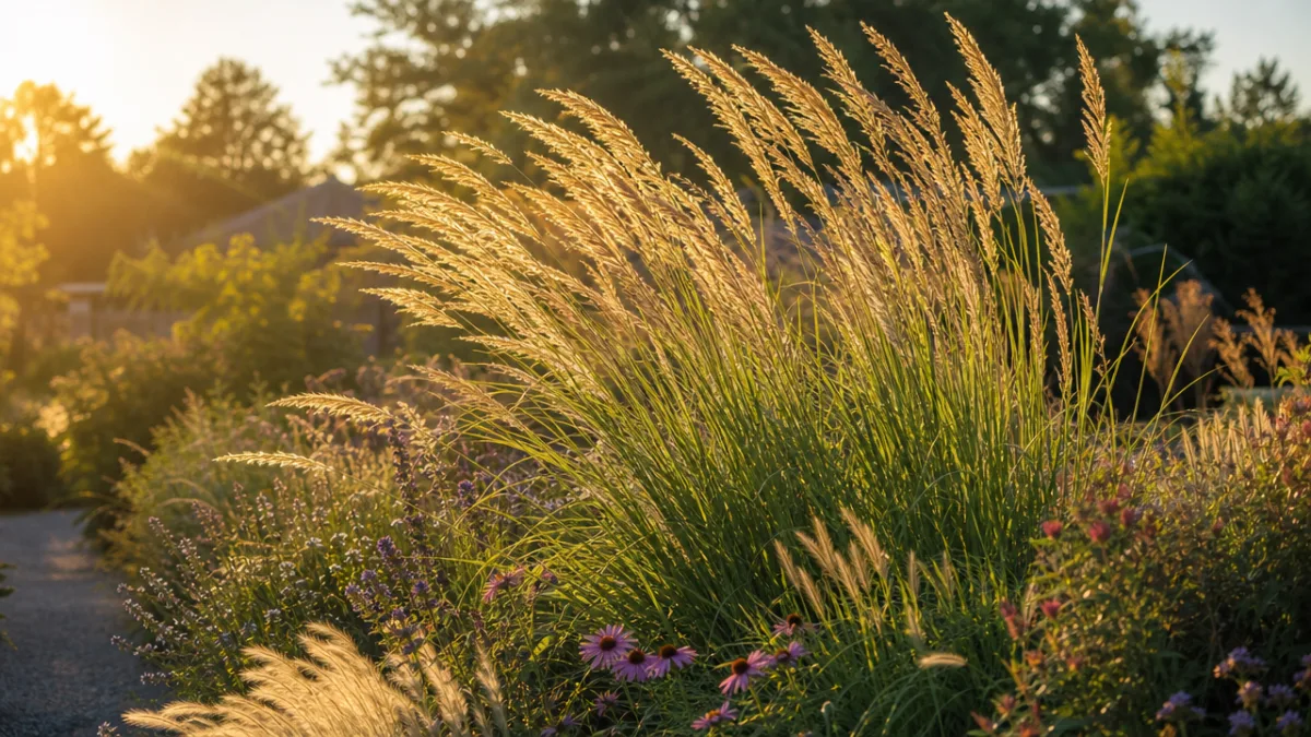 tall ornamental grasses swaying in a sunny garden border, soft backlit golden…